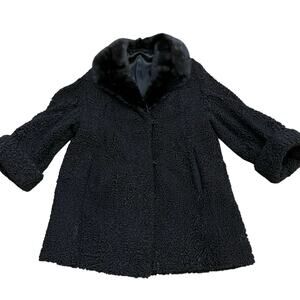50s VTG Curly Persian Lamb Fur Coat Size XL Black Fur Collar Black 3/4 Sleeve